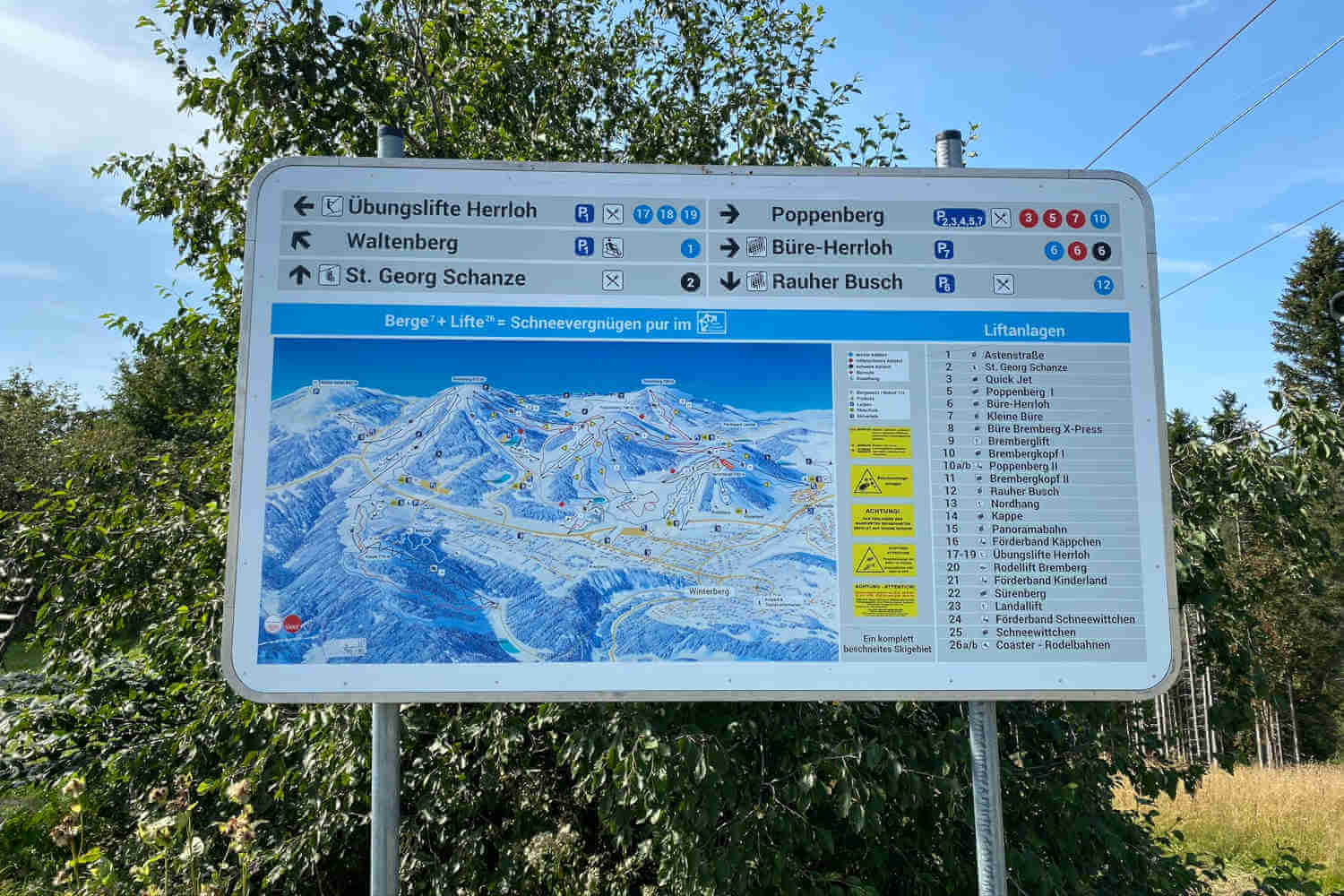 Eine großes Kartenschild mit den abgebildeten Liftanlagen neben der Sprungschanze in Winterberg